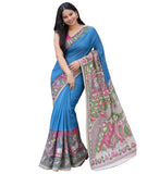 Blue linen Kalamkari printed saree with unstitched blouse piece, 5.5 meters length