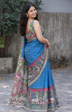 Blue linen Kalamkari printed saree with unstitched blouse piece, 5.5 meters length