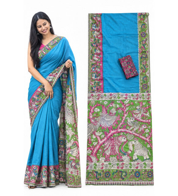 Blue linen Kalamkari printed saree with unstitched blouse piece, 5.5 meters length