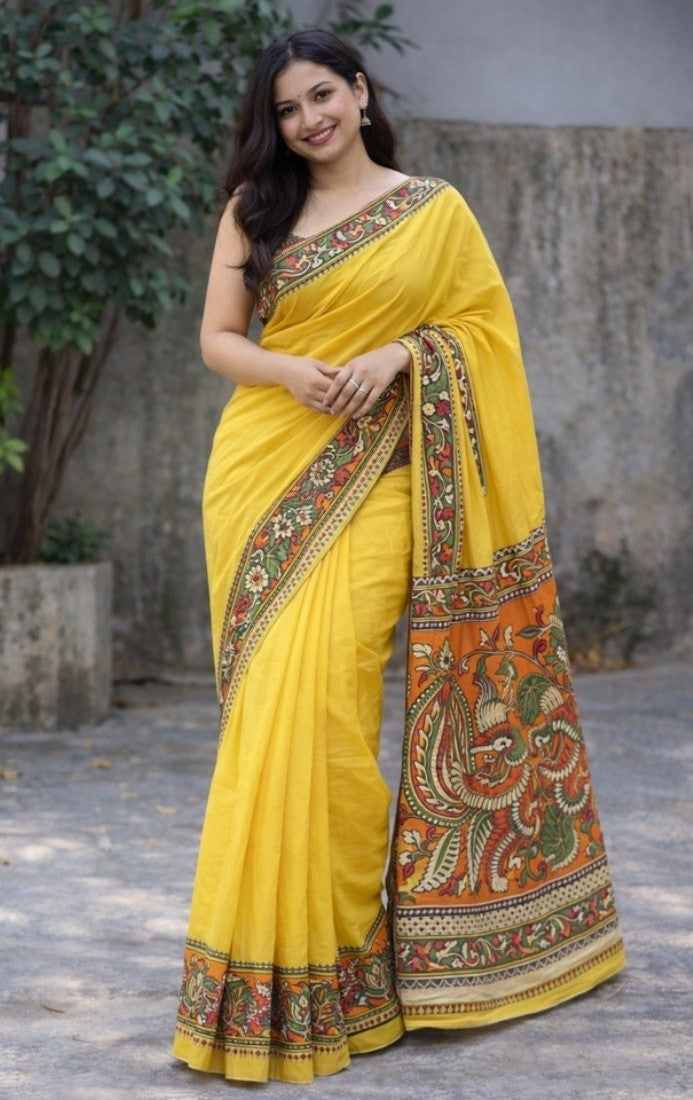 Yellow linen Kalamkari printed saree with unstitched blouse piece, 5.5 meters length
