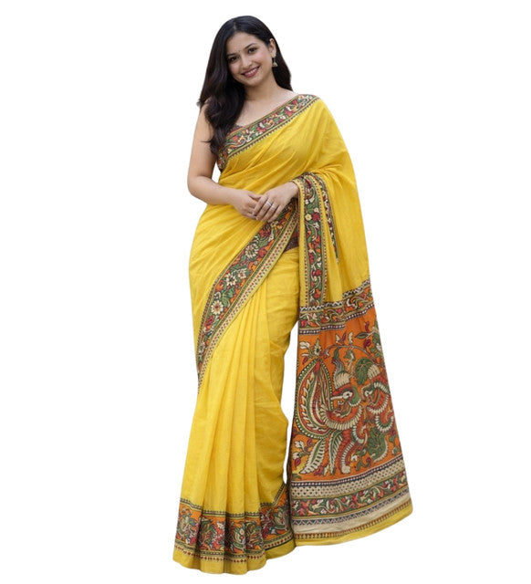 Yellow linen Kalamkari printed saree with unstitched blouse piece, 5.5 meters length