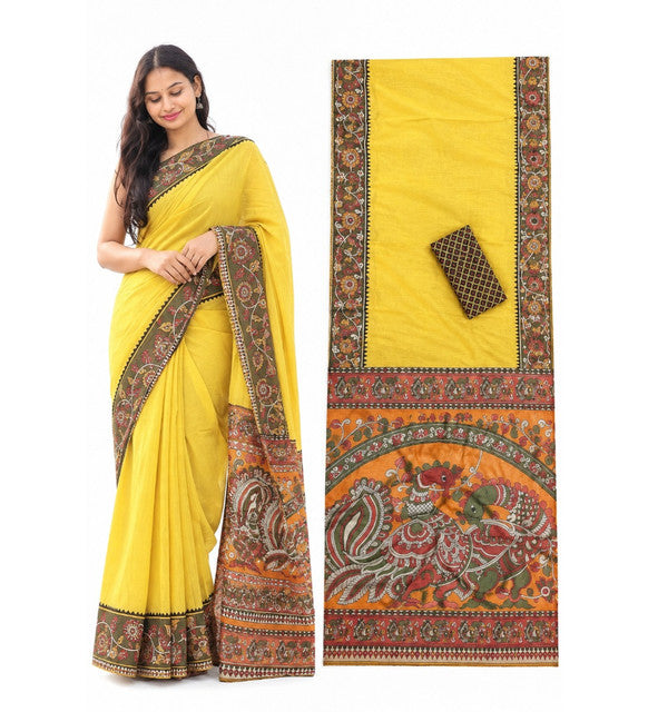 Yellow linen Kalamkari printed saree with unstitched blouse piece, 5.5 meters length