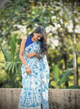 White and blue linen saree with floral print and unstitched blouse piece, 5.5 meters length