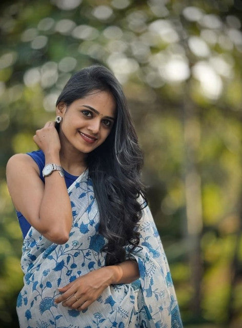 White and blue linen saree with floral print and unstitched blouse piece, 5.5 meters length