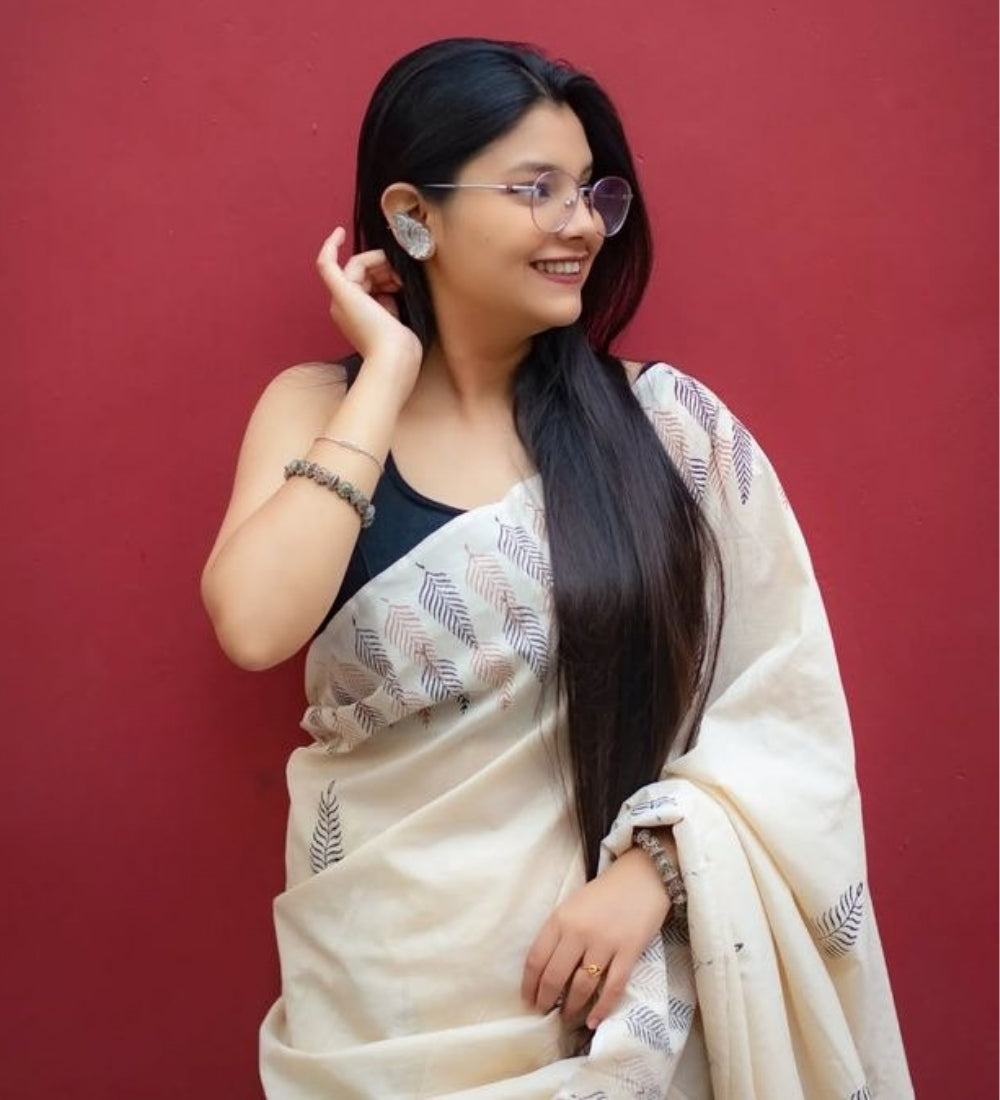 Cream linen printed saree with unstitched blouse piece, 5.5 meters length, traditional Indian wear