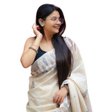 Cream linen printed saree with unstitched blouse piece, 5.5 meters length, traditional Indian wear