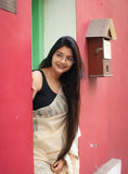 Cream linen printed saree with unstitched blouse piece, 5.5 meters length, traditional Indian wear