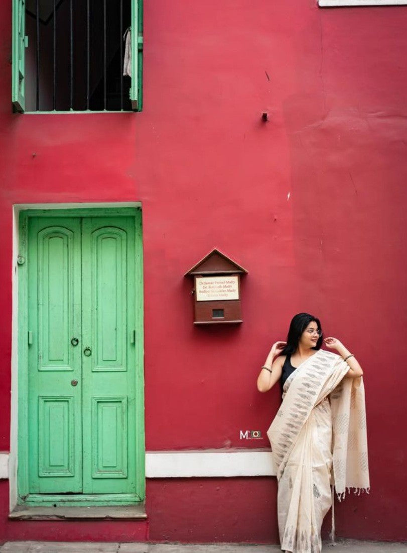 Cream linen printed saree with unstitched blouse piece, 5.5 meters length, traditional Indian wear