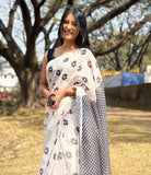 White linen floral printed saree with unstitched blouse piece, 5.5 meters length
