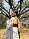White linen floral printed saree with unstitched blouse piece, 5.5 meters length