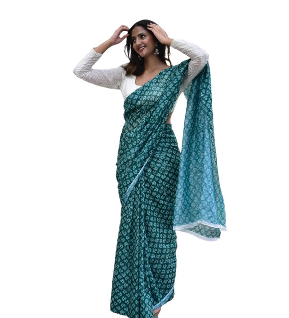 Teal green linen floral printed saree with unstitched blouse piece, 5.5 meters length