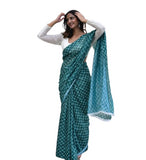 Teal green linen floral printed saree with unstitched blouse piece, 5.5 meters length