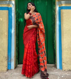 Red-orange linen floral printed saree with unstitched blouse piece, 5.5 meters length