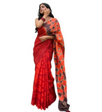 Red-orange linen floral printed saree with unstitched blouse piece, 5.5 meters length