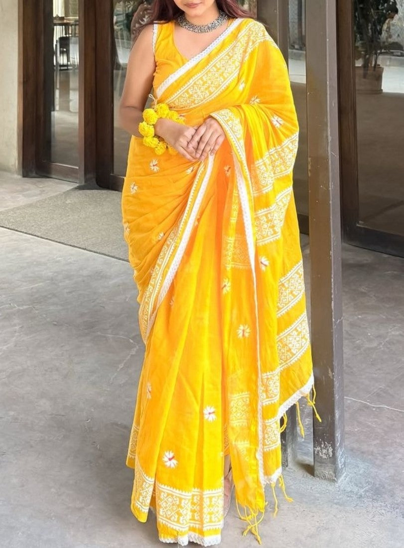 Yellow linen floral printed saree with unstitched blouse piece, 5.5 meters length