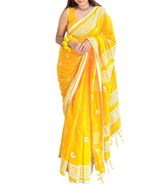 Yellow linen floral printed saree with unstitched blouse piece, 5.5 meters length
