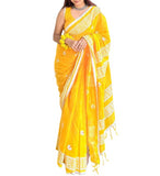 Yellow linen floral printed saree with unstitched blouse piece, 5.5 meters length