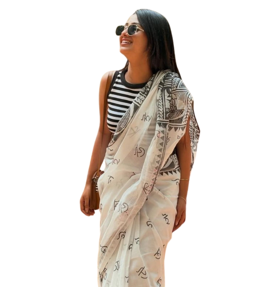 White and black linen Kalamkari printed saree with unstitched blouse piece, 5.5 meters length