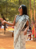 White and black linen Kalamkari printed saree with unstitched blouse piece, 5.5 meters length