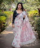 White and red linen saree featuring paisley print with unstitched blouse piece, 5.5 meters length