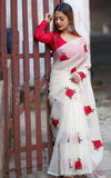 White and red linen floral printed saree with unstitched blouse piece, 5.5 meters length