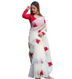 White and red linen floral printed saree with unstitched blouse piece, 5.5 meters length