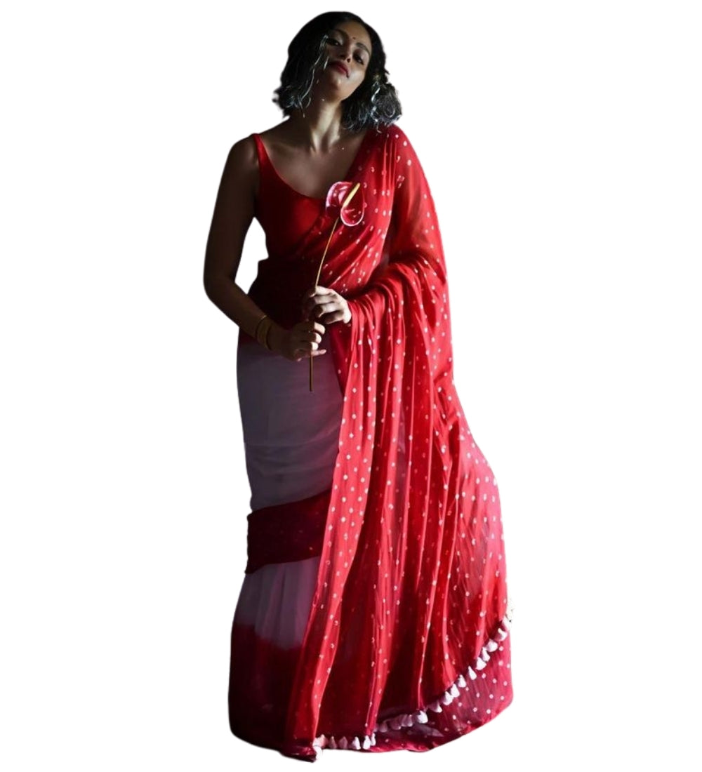 White and red printed linen saree with unstitched blouse piece, 5.5 meters length