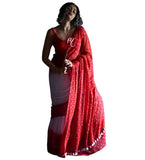 White and red printed linen saree with unstitched blouse piece, 5.5 meters length