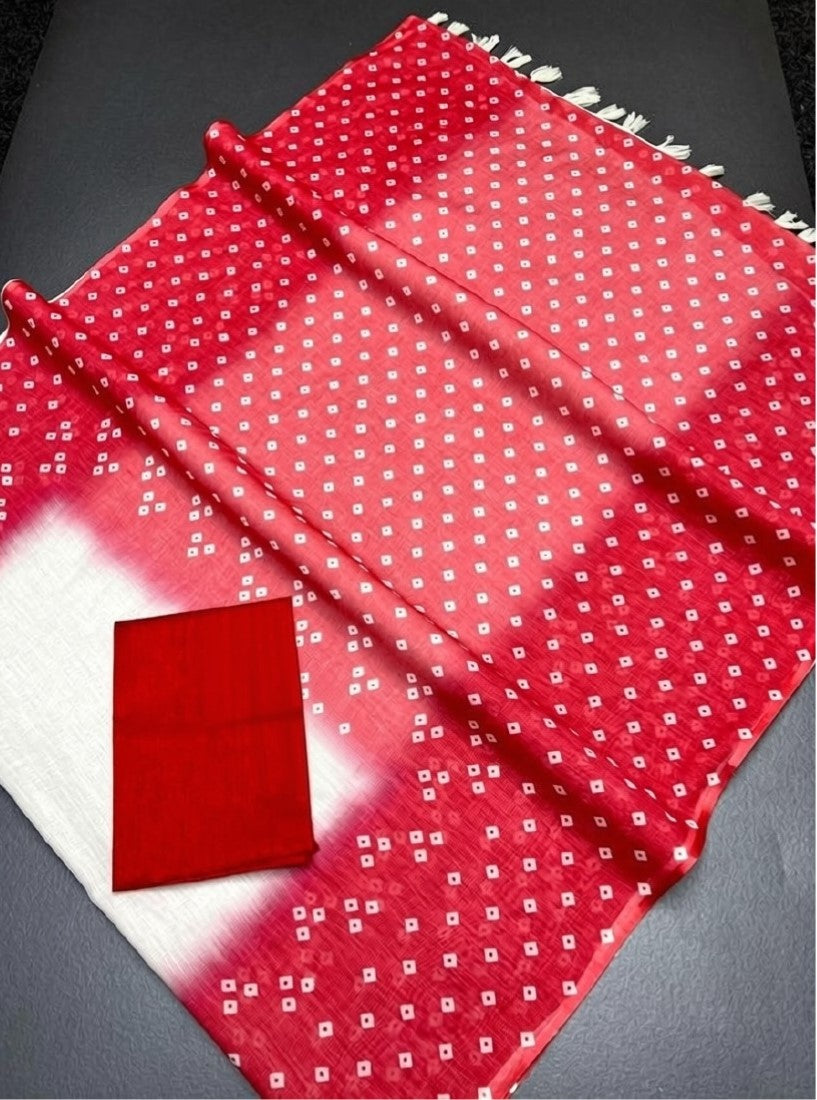 White and red printed linen saree with unstitched blouse piece, 5.5 meters length
