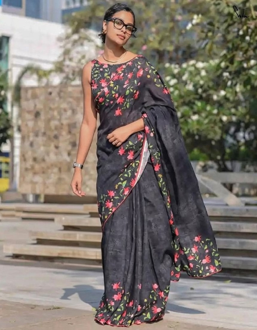 Black linen floral printed saree with unstitched blouse piece, 5.5 meters length