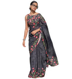 Black linen floral printed saree with unstitched blouse piece, 5.5 meters length