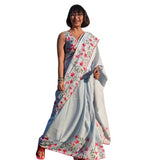Grey linen floral printed saree with unstitched blouse piece, 5.5 meters length
