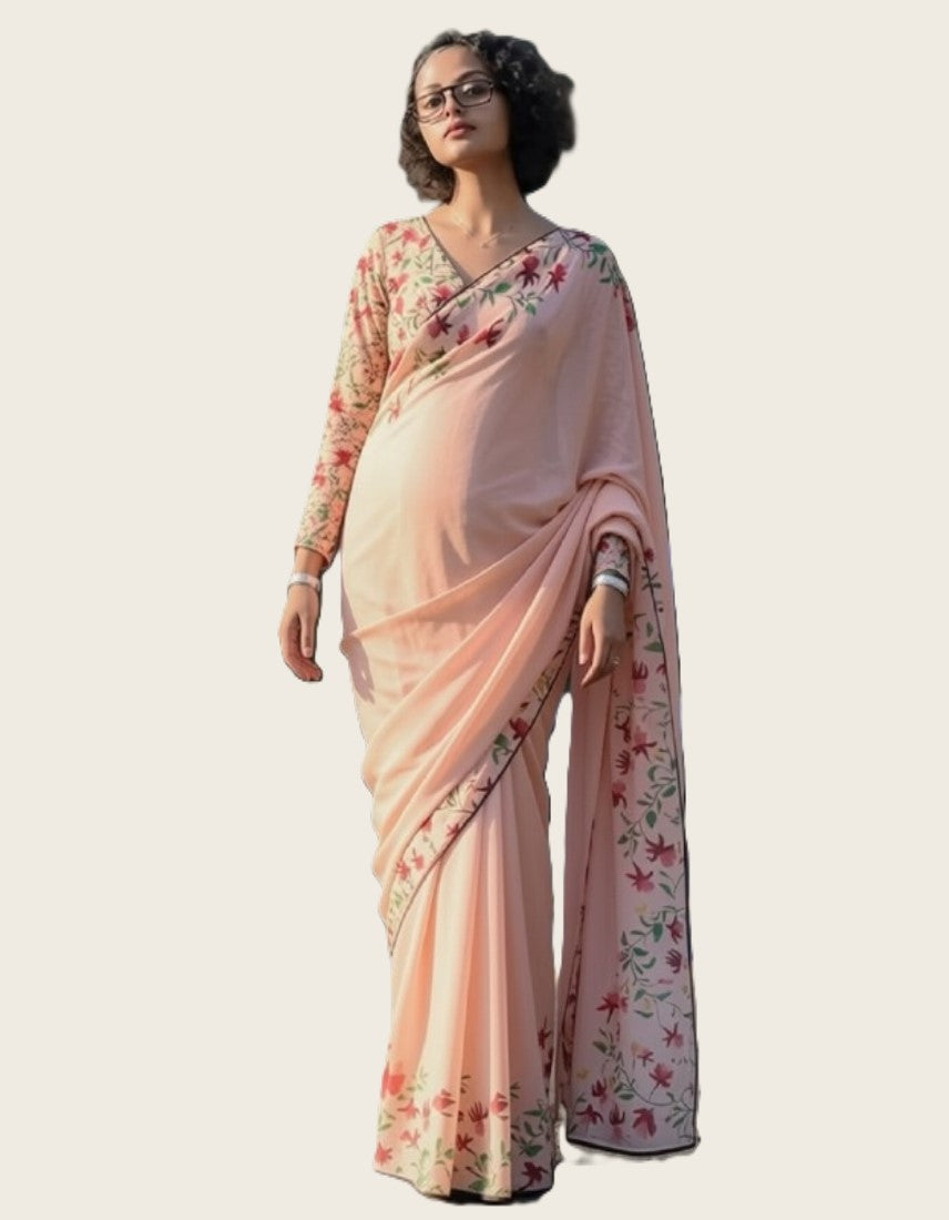 Peach linen floral printed saree with unstitched blouse piece, 5.5 meters length