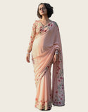 Peach linen floral printed saree with unstitched blouse piece, 5.5 meters length