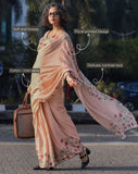 Peach linen floral printed saree with unstitched blouse piece, 5.5 meters length