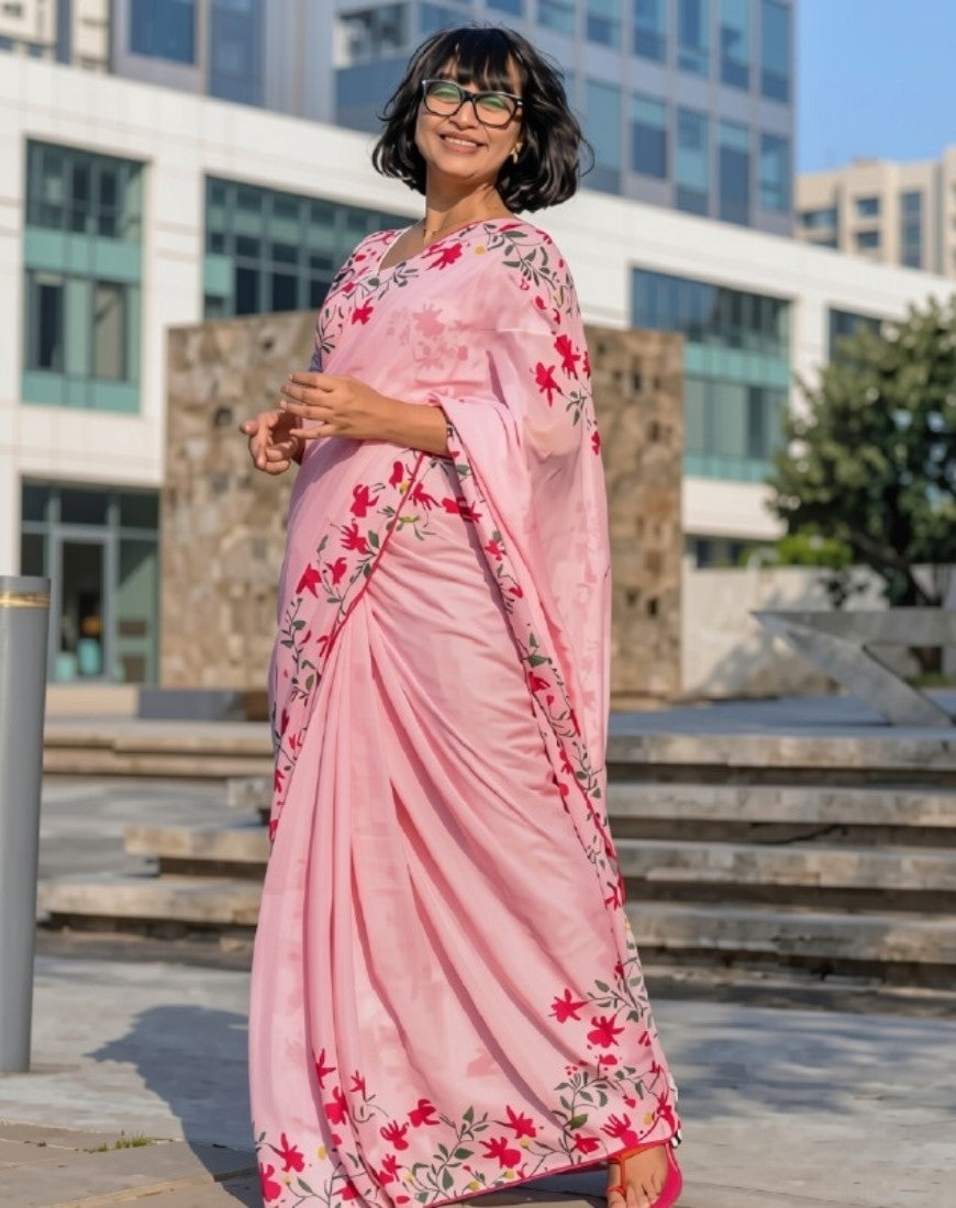 Pink linen floral printed saree with unstitched blouse piece, 5.5 meters length