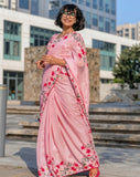 Pink linen floral printed saree with unstitched blouse piece, 5.5 meters length
