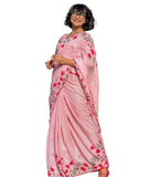 Pink linen floral printed saree with unstitched blouse piece, 5.5 meters length