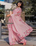 Pink linen floral printed saree with unstitched blouse piece, 5.5 meters length