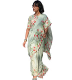 Light green linen saree with floral print and unstitched blouse piece, 5.5 meters length