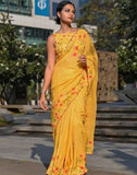 Yellow linen floral printed saree with unstitched blouse piece, 5.5 meters length