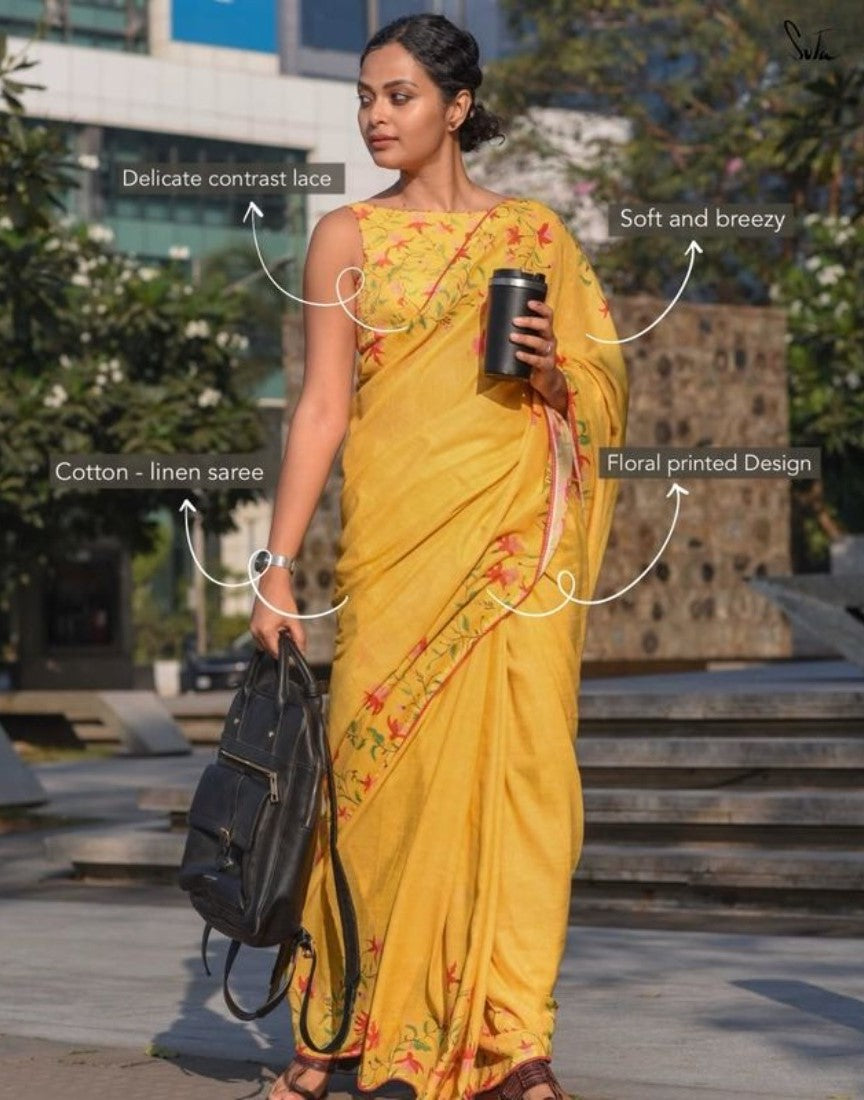 Yellow linen floral printed saree with unstitched blouse piece, 5.5 meters length
