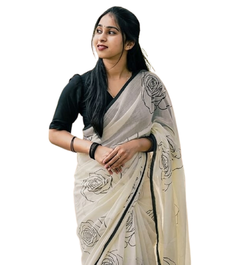 White and black linen floral printed saree with unstitched blouse piece, 5.5 meters length