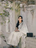 White and black linen floral printed saree with unstitched blouse piece, 5.5 meters length