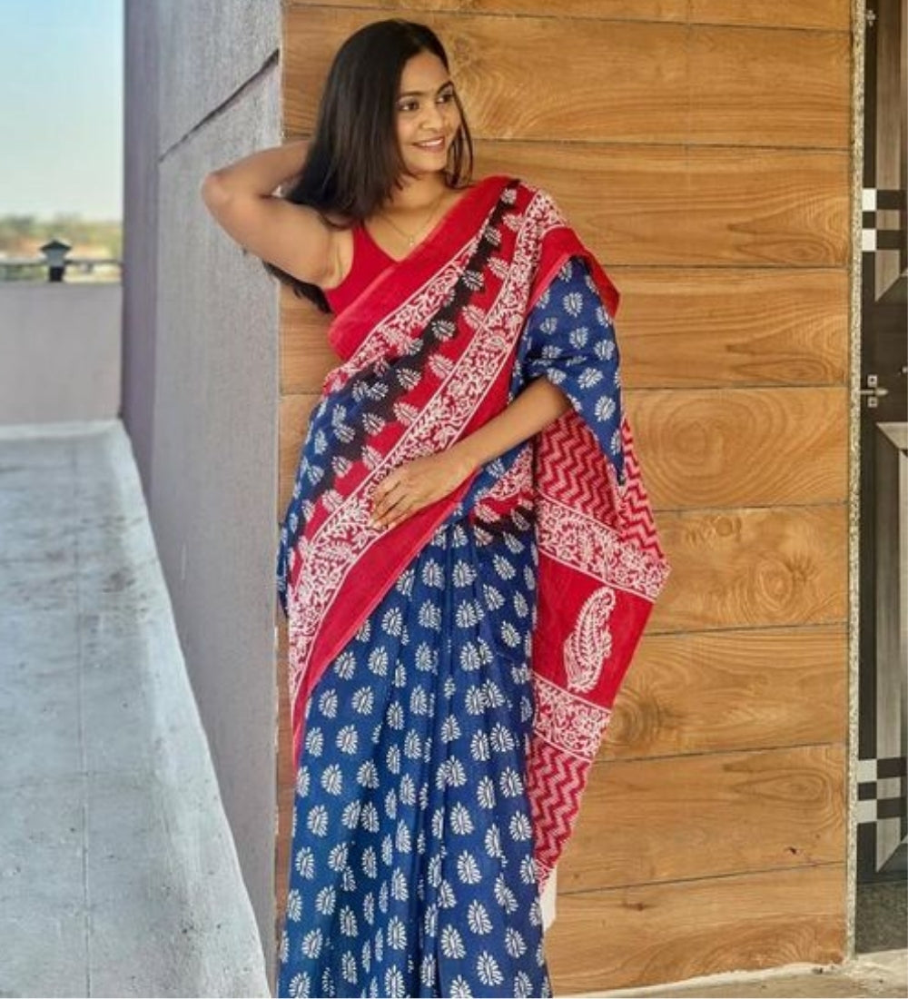 Blue and red printed linen saree with unstitched blouse piece, 5.5 meters length