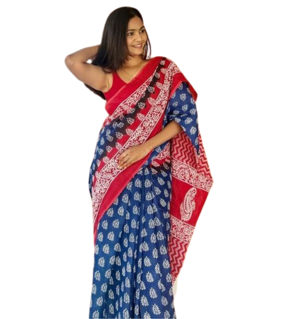 Blue and red printed linen saree with unstitched blouse piece, 5.5 meters length