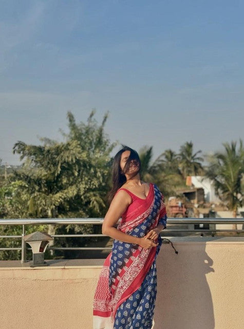 Blue and red printed linen saree with unstitched blouse piece, 5.5 meters length