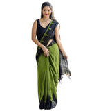 Olive green and black linen Kalamkari printed saree with unstitched blouse piece, 5.5 meters length