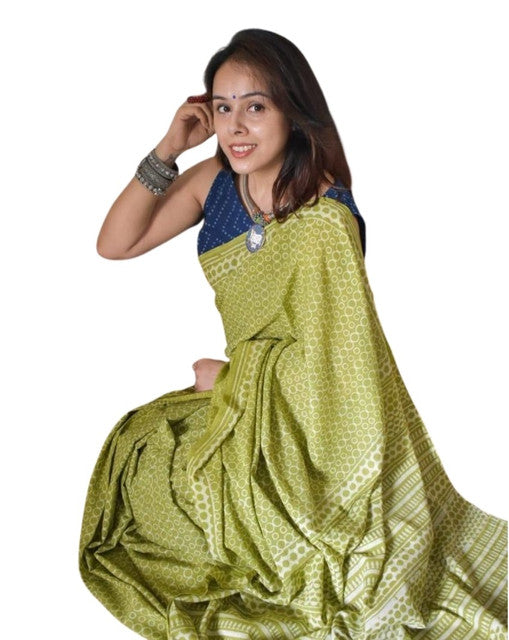 Green linen printed saree with unstitched blouse piece, 5.5 meters length, traditional Indian wear