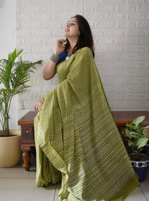 Green linen printed saree with unstitched blouse piece, 5.5 meters length, traditional Indian wear
